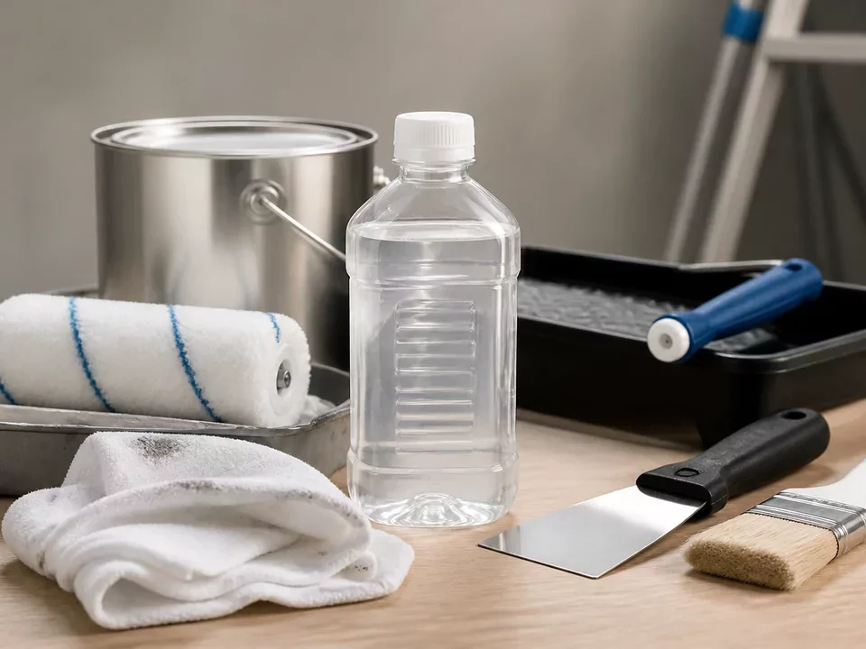 Herramientas de pintura y productos de limpieza sobre una mesa de trabajo