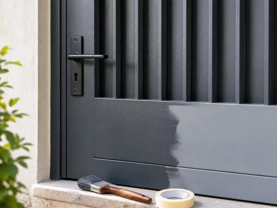 Puerta metálica oscura con herramientas para pintar y proteger metal