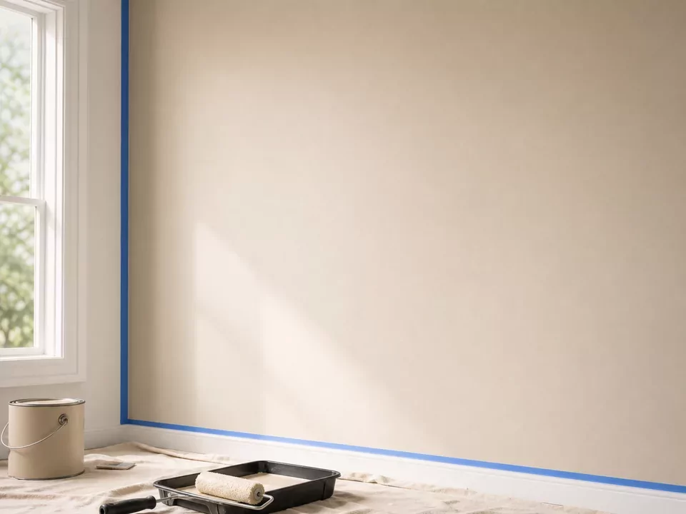 Pared interior preparada para pintar con herramientas de aplicación cerca