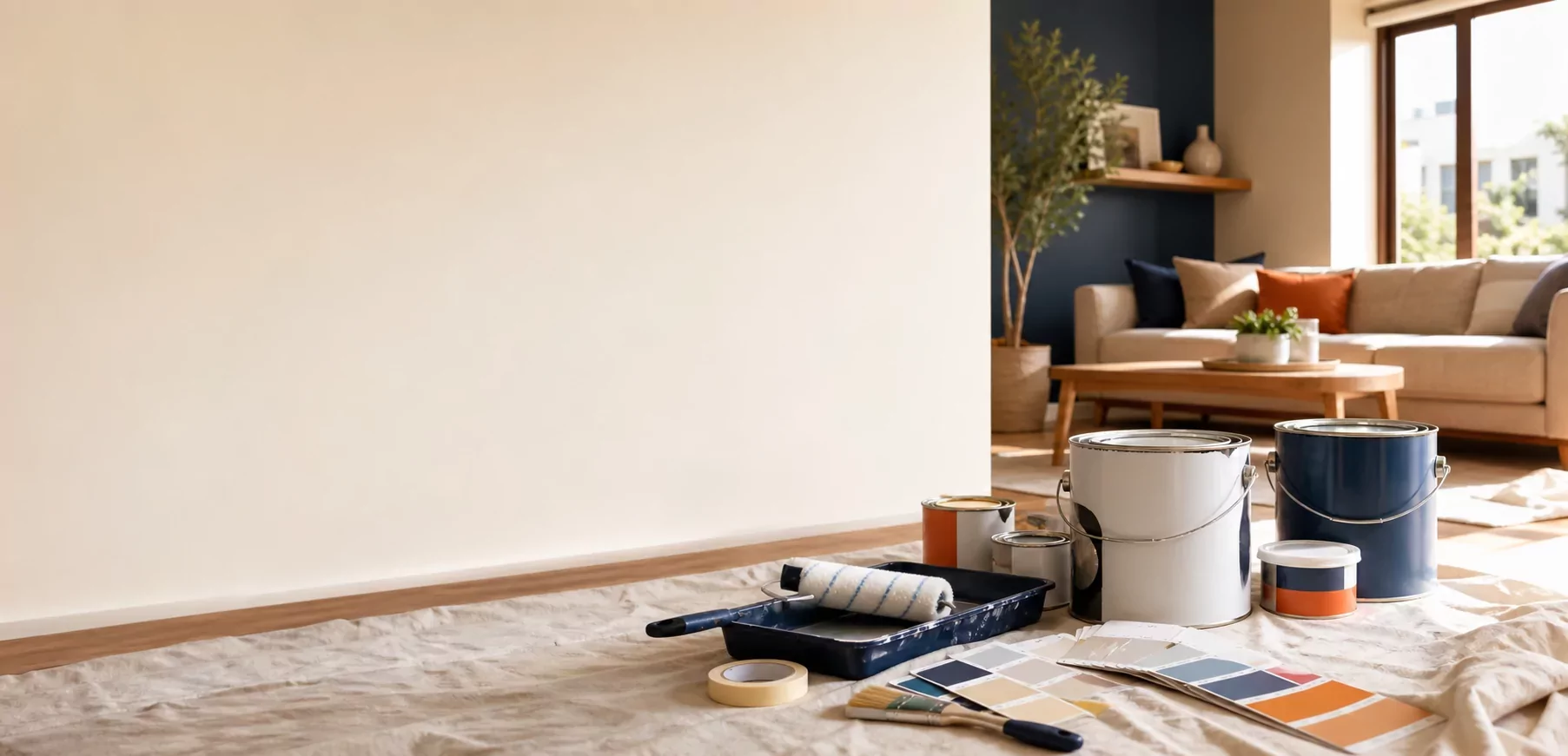 Pinturas, rodillos, brochas y cartas de color en una sala lista para renovar