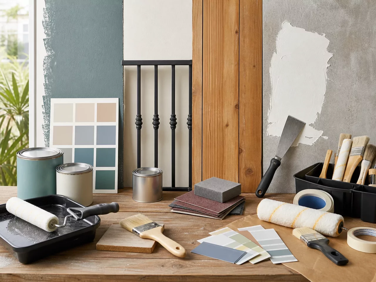 Muestras de pared, metal, madera y herramientas para proyectos de pintura