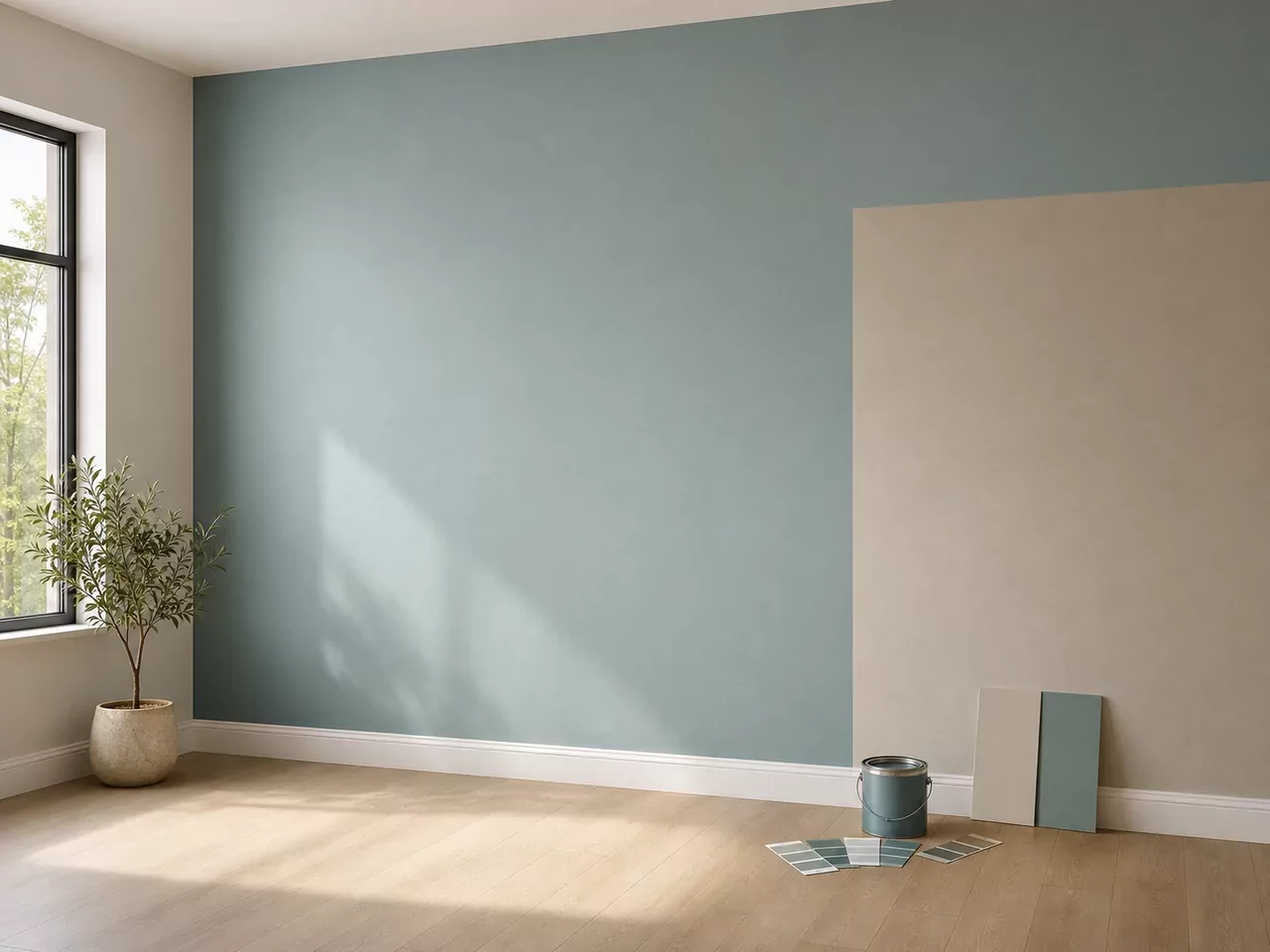 Habitación con pared de color referencial para imaginar un proyecto de pintado